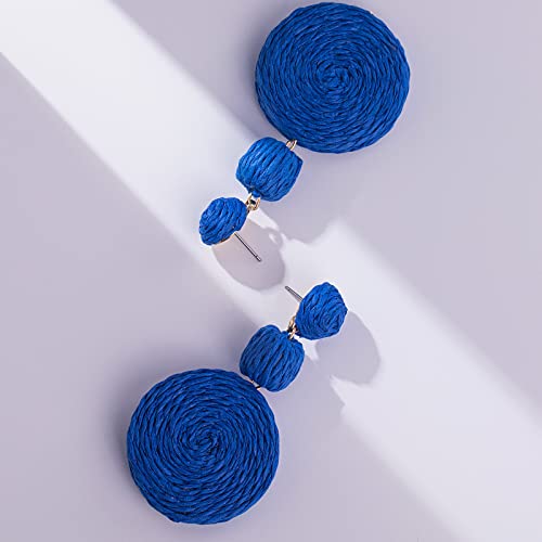 Statement Raffia Boho Round Dangle Ball Earrings - Cute Handmade Summer Bohemian Dangling Jewelry for Women - color: Royal Blue