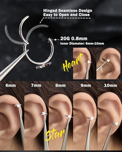 20g Nose Rings Hoops 316L Surgical Stainless Steel Nose Piercing Jewelry Helix Tragus Conch Rook Earrings Hinged Segment Lip Ring for Women Men