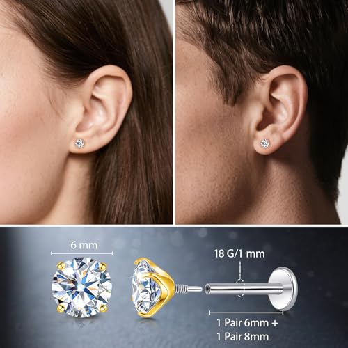 Limerencia Moissanite Internal Thread 18G Titanium Earrings, Hypoallergenic F136 Titanium Flat Back Piercing Studs, VVS1 Lab-created Moissanite Studs for Women Men Tragus Helix Cartilage Conch Labret - color: Gold, size: 6mm-1.6ct(0.8ct Each)