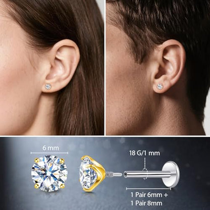 Limerencia Moissanite Internal Thread 18G Titanium Earrings, Hypoallergenic F136 Titanium Flat Back Piercing Studs, VVS1 Lab-created Moissanite Studs for Women Men Tragus Helix Cartilage Conch Labret - color: Gold, size: 6mm-1.6ct(0.8ct Each)