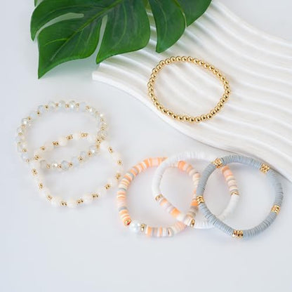 Boho Beaded Stretch Bracelets For Women Stackable Crystal Gold Plated Beaded Bracelets Set Trendy Handmade Friendship Braeclet Jewelry Gifts - color: F-XGrey 6pcs
