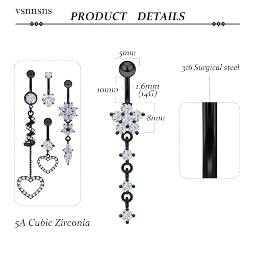 14G Dangle Belly Button Ring Piercing Jewelry 316L Stainless Surgical Steel Heart Flower CZ Reverse Navel Rings Dangling Belly Button Ring Piercing Jewelry for Women 14 Gauge Hypoallergenic - style: 5Pcs Black