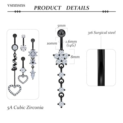 14G Dangle Belly Button Ring Piercing Jewelry 316L Stainless Surgical Steel Heart Flower CZ Reverse Navel Rings Dangling Belly Button Ring Piercing Jewelry for Women 14 Gauge Hypoallergenic - style: 5Pcs Black