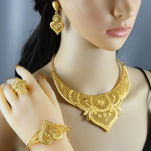 indian Women Jewelry Necklace Set african Dubai Bride Wedding Prom Fashion Jewelry 24K Gold Plated Necklace Bangles Rings Earrings - color: S-349