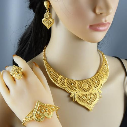 indian Women Jewelry Necklace Set african Dubai Bride Wedding Prom Fashion Jewelry 24K Gold Plated Necklace Bangles Rings Earrings - color: S-349
