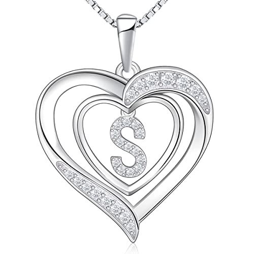 RIVIKO Heart Initial Necklace for Women, 925 Sterling Silver Letter Pendant,Personalized Charm Alphabet Jewelry Valentines Mother's Day Anniversary Christmas Birthday Gifts for Women Her Mom Wife - color: Letter-S
