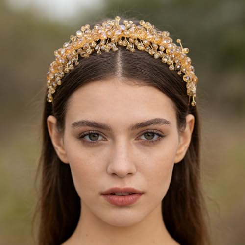 Denifery Large Crystal Headband for Wedding Bridal Hair Band Headpiece for Party Prom Hair Accessories (Champagne) - color: Champagne