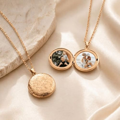 Locket Necklace for Women Girls, 18” Jewelry Chain, Picture Photo Inside, Cadenas para mujer, Personalized Custom Name Gold Locket, Customized Couples Locket, Silver, Rose Gold, Gold - color: Rose Gold, style: 2 Photos + Engraving Necklace