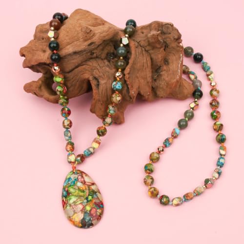 Long Necklaces for Women Boho, Oval Waterdrop Turquoise Pendant, Natural Stone Beaded, Handmade,Vintage & Elegance, Boho Fashion Charm Beaded Necklace for Women - style: R-Oval Waterdrop Jasper