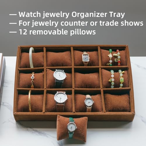 Jewelry Watch Tray, Coffee Velvet Watch Jewelry Organizer 12 Grid, Stackable Watch Bracelet Bangle Display Holder, Adjustable Pillows, for Man Woman Show Birthday - color: Coffee