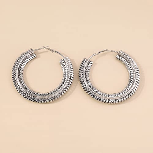 Extra Large Chunky Cuban Hoop Earrings Geometric Double Layered Round Loop Earrings for Women Prom Party Festival Jewelry (80mm silver) - size: 80mm silver