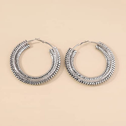 Extra Large Chunky Cuban Hoop Earrings Geometric Double Layered Round Loop Earrings for Women Prom Party Festival Jewelry (80mm silver) - size: 80mm silver
