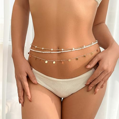 14K Gold Plated Belly Chain Layered Adjustable Waterproof Sparkling Sequin Body Chain Sparkling beads Sexy Bikini Waist Chain With Scalable Elastic Rope - Aqua Brown Golden - color: 3 Layers Golden