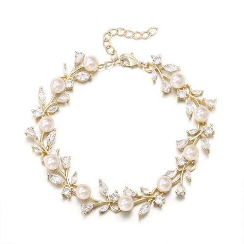 EVER FAITH Gorgeous Cubic Zirconia Pearl Wedding Link Bracelet for Bride | Marquise Teardrop Crystal Bridal Prom Jewelry, for Women Bridesmaids - style: Vine_Gold-Tone