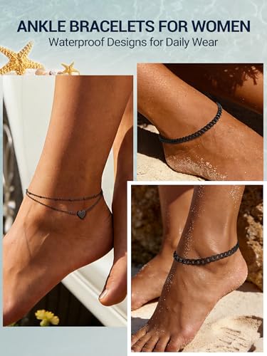 PROSTEEL Ankle Bracelets for Women, Silver/Gold/Black, Waterproof Anklets | Waterproof, Stainless Steel, Summer Beach Jewelry, Durable & No Tarnish, Come with Gift Box, 8-10.5" Adjustable, Plus Size - color: E: black-heart layered