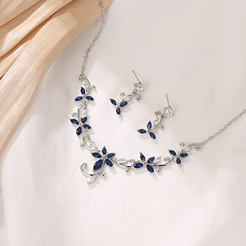 Crysdue Flower Leaf Wedding Jewelry Set for Bridal Bridemaid, Cubic Zirconia Teardrop Elegant Silver/14K/Rose Gold Plated Vine Necklace Dangle Earrings for Prom Party - style: A_Blue
