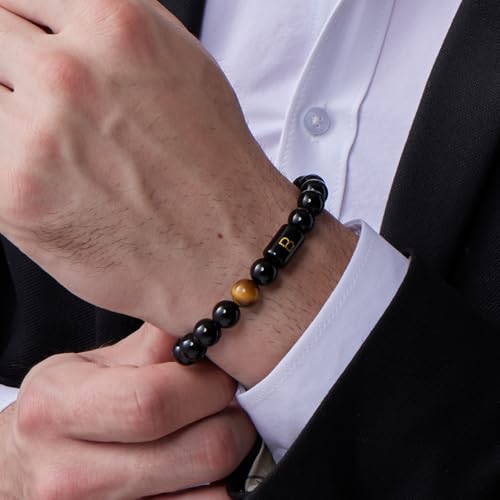 FRG Initials Bracelets for Men Letter Link Handmade Natural Black Onyx Tiger Eye Stone Beads Braided Rope Meaningful Bracelet - style: Braided rope-I