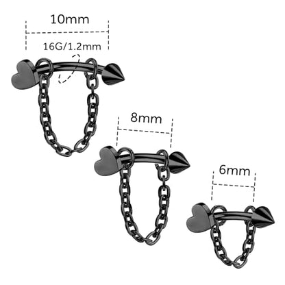 3 Pcs 316L Stainless Steel 16G Tragus Helix Rook Piercing Jewelry with Chain, Cartilage Earrings for Women, Belly Button Ring Vertical Labret Lip Piercing Jewelry - color: Black, size: Heart