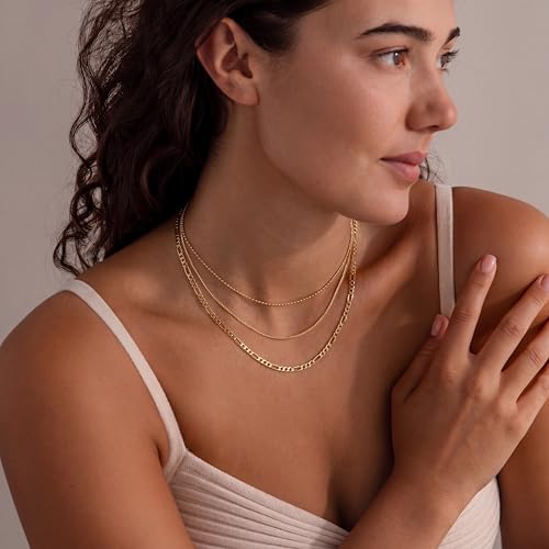 Tewiky Layered Necklaces for Women 14k Gold Plated Chain Necklace Set | Chunky Herringbone/Snake/Rope/Box/Cuban Link Chain for Women, Layering Stack Choker Necklace, Dainty Jewelry Set Non Tarnish - color: 3 Bead Cuban Figaro Gold