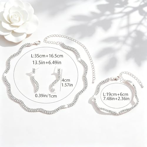 Rhinestone Bridal Jewelry Set, Choker Necklace Earrings Bracelet, Formal Wedding Prom Accessories for Women and Brides - color: silvery