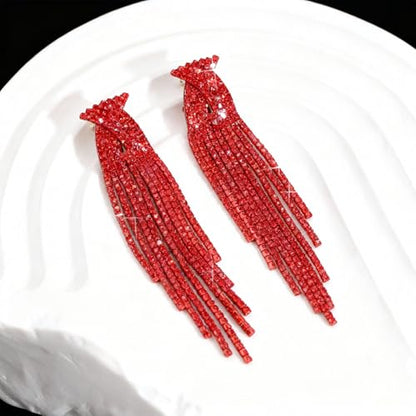 Rhinestone Earrings Prom Earrings for Women Sparkly Long Tassel Chandelier Drop Statement Earring Jewerly Gifts Wedding Party Prom Dresses Accessories - color: B3:red