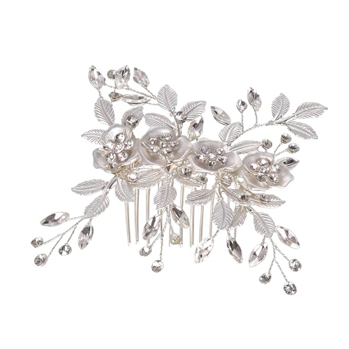 Flower Leaf Design Wedding Hair Comb, Metal Bridal Hair Accessory with Rhinestone, Wedding Prom Hair Clip Headpiece for Women (Silver Flower Leaf) - color: Silver Flower Leaf
