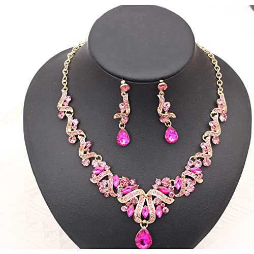 Jewelry Set for Women, Statement Necklace Dangle Earrings Bracelet Ring, White/KC Gold Plated Jewelry Set with Rhinestone Pearl Crystal Wedding Party Jewelry for Bridal Bridesmaid - color: Set001-Style2-Rose Red-Gold Plated