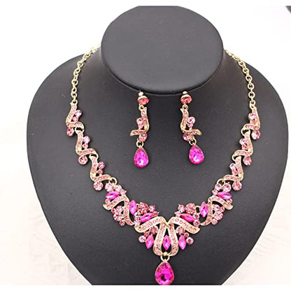 Jewelry Set for Women, Statement Necklace Dangle Earrings Bracelet Ring, White/KC Gold Plated Jewelry Set with Rhinestone Pearl Crystal Wedding Party Jewelry for Bridal Bridesmaid - color: Set001-Style2-Rose Red-Gold Plated