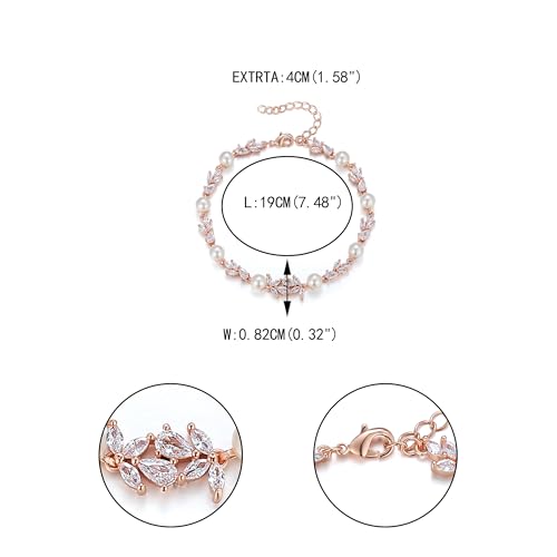 EVER FAITH Gorgeous Cubic Zirconia Pearl Wedding Link Bracelet for Bride | Marquise Teardrop Crystal Bridal Prom Jewelry, for Women Bridesmaids - style: Leaf_Clear Rose Gold-Tone