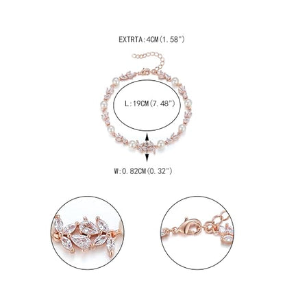 EVER FAITH Gorgeous Cubic Zirconia Pearl Wedding Link Bracelet for Bride | Marquise Teardrop Crystal Bridal Prom Jewelry, for Women Bridesmaids - style: Leaf_Clear Rose Gold-Tone