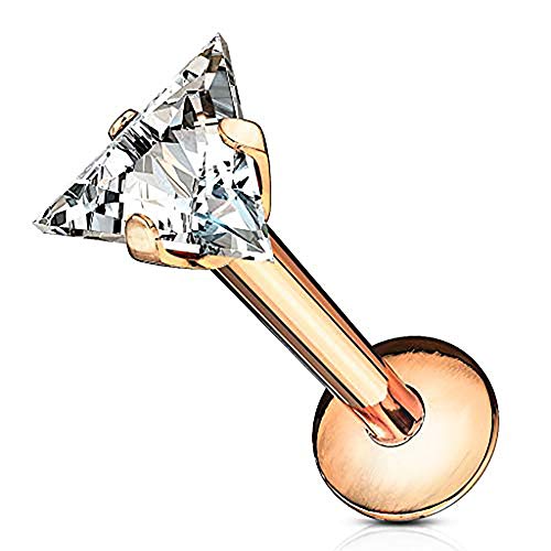 Forbidden Body Jewelry 16g Internally Threaded Surgical Steel Triangle CZ Labret Stud (Pick Color/Length) - color: Rose Gold - 5/16" (8mm)
