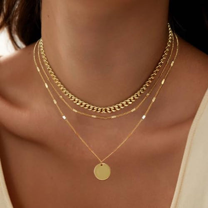 Layered Gold Silver Necklaces for Women, Stackable Stack 14K Real Gold Plated Silver Chain Necklace Diamond Circle CZ Layering Pendant Necklaces Trendy Gold Jewelry Set Gifts - color: gold, style: 3PC-Coin