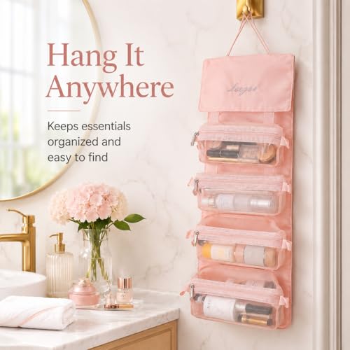 Hanging Detachable Makeup Organizer, Foldable Mesh Cosmetic Travel Bag | Hanging Design, Detachable Pouches, Foldable, Mesh Visibility, Multi Compartments, Travel Storage