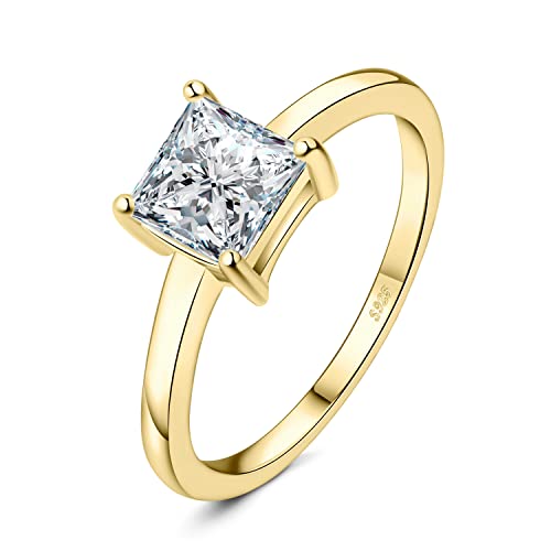 JewelryPalace Square Shape 1ct Cubic Zirconia Solitaire Engagement Rings for Women, 925 Sterling Silver Promise Ring for Her, Simulated Diamond Anniversary Wedding Ring Jewelry Sets - color: 2-Yellow Gold Plated