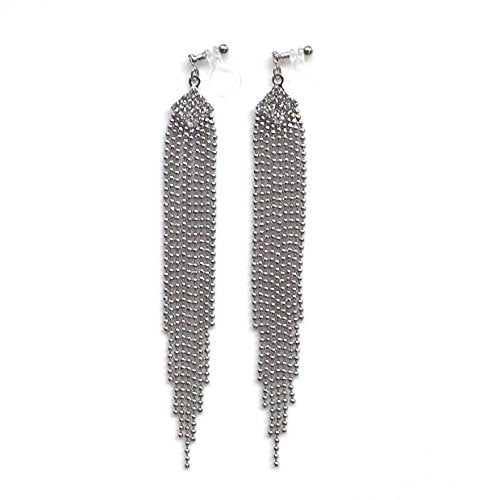 Dangle Silver Invisible Clip On Earrings for Women Not Pierced Gold Crystal Rhinestone Comfortable Hoop Fringe Long Chain Clip On Earrings - color: Fringe Silver 1