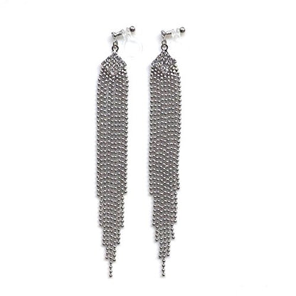 Dangle Silver Invisible Clip On Earrings for Women Not Pierced Gold Crystal Rhinestone Comfortable Hoop Fringe Long Chain Clip On Earrings - color: Fringe Silver 1