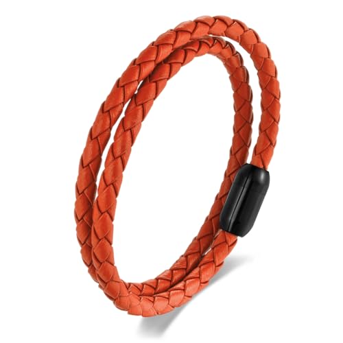 Braided Leather Bracelet，Double Wrap Bracelet with Black Stainless Steel Clasp, Two- way of Wearing as Mens Bracelet or Womens Choker Necklace, Urban and Minimalist Style - color: Orange