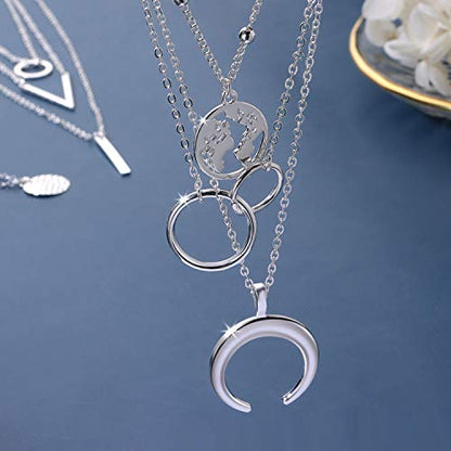 6 Pieces Layered Necklaces For Women Long Necklaces Gold Choker Necklaces Map Coin Bar Crescent Moon Necklace Layered Y Pendant Necklace Multilayer - color: sliver