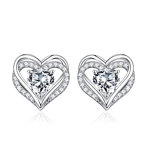 Iefil Birthstone Earrings for Women - 925 Sterling Silver Heart Stud Earrings Birthday Gifts for Women - color: 04-Apr-Created White Topaz