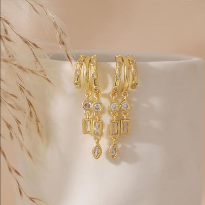 Dangle Earrings for Women,14k Gold Plated Triple Huggie Stud Earrings Cute Statement Chain Earring Dainty Drop Earrings for Women Trendy Gold Plated Jewelry - color: dangle4-Gold