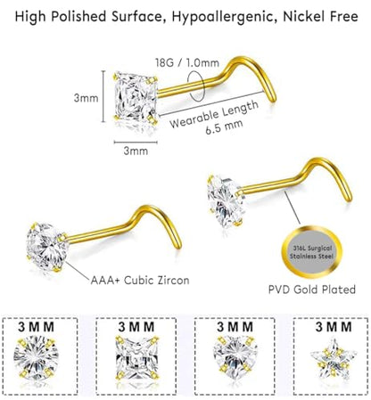 SEEDRILL 8Pcs 20G Nose Rings studs for Woman Hypoallergenic Nose Studs 316L Surgical Steel with Gold Plated Nose Piercings Jewelry 3mm CZ L Shape Nose Rings 20 Gauge Nose Stud Nose Screw Studs - style: 8Pcs/18G/3mm CZ/Screw Shape/Gold-Plated