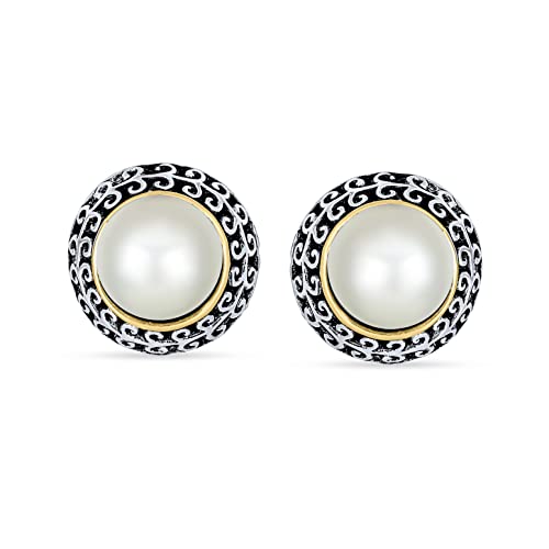 Bali Style Button Style Faux White Pearl, Black, Turquoise Clip On Earrings - color: White