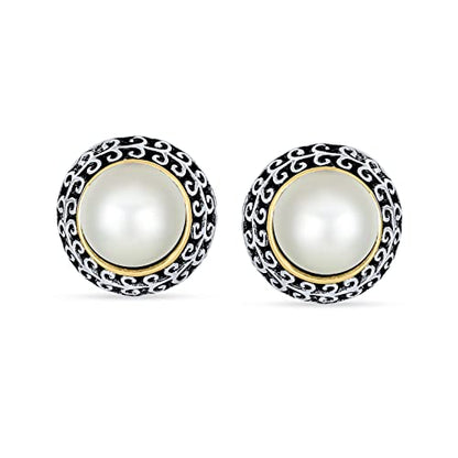 Bali Style Button Style Faux White Pearl, Black, Turquoise Clip On Earrings - color: White