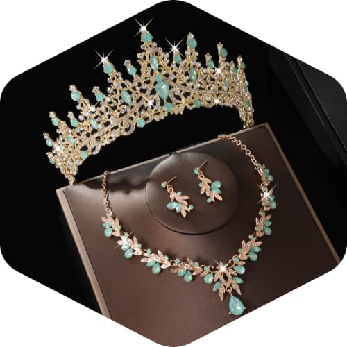 Kamirola Tiaras and Crowns for Women,Tiaras Earrings Necklace, Crystal Bridal Jewelry Set, Costume Jewelry for Women Party Halloween Prom Pageant - color: Gream Green