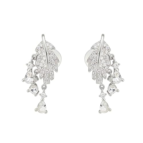 Crystal Leaf Tassel Teardrop Clip on Earrings for Women 14k Gold Plated Shiny Rhinestone Feather Shaped Dangle Drop Non-Piercing Earring Elegant Wedding Prom Anniversary Party Jewelry Gifts - color: Silver
