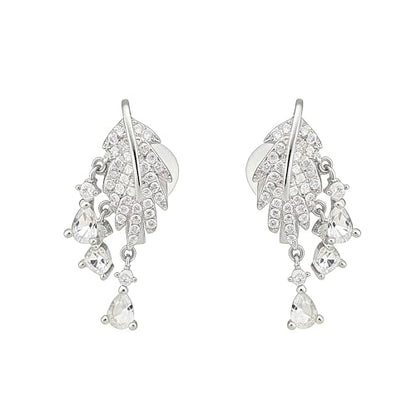 Crystal Leaf Tassel Teardrop Clip on Earrings for Women 14k Gold Plated Shiny Rhinestone Feather Shaped Dangle Drop Non-Piercing Earring Elegant Wedding Prom Anniversary Party Jewelry Gifts - color: Silver