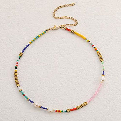 Wellike Freshwater Pearl Beaded Necklace for Women Handmade Boho Colorful Glass Beads Choker Necklace Stainless Steel 18K Gold Plated Bohemian Women Summer Jewelry Gifts - color: KKWX0521AMZ