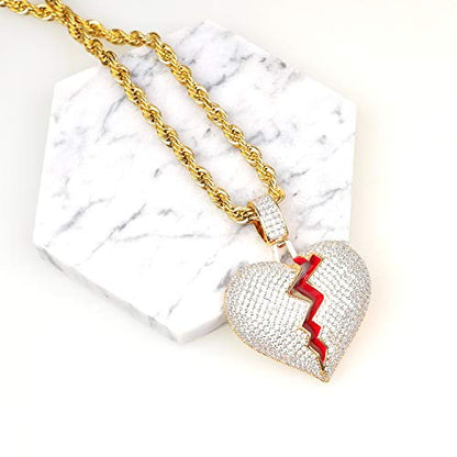 Broken Heart Pendant Necklace Hip Hop CZ Fully Iced Out Bling CZ Diamond 24K White Gold Plated with 24" Stainless Rope Chain - color: MIX Gold