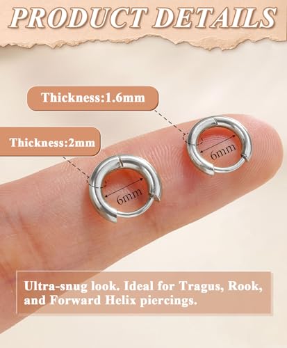 Surgical Steel Huggie Hoop Earrings & Flat Back Studs for Women Men, 6mm-14mm Small Hoops for Cartilage Helix Tragus Lobe, 1-10 Pairs Multiple Piercing Jewelry Set for Sensitive Ears - style: 1Pair,SIlver,6mm(THK:1.6mm)