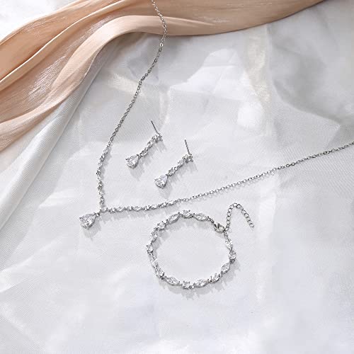 Teardrop Marquise Cubic Zirconia Wedding Prom Jewelry Set for Women Bridal | Silver/Gold/Rose Gold Plated, Pear Cut Pendant Necklace Drop Earrings Link Bracelet, for Bride Bridesmaid, for Banquet Party - style: B_Three Set, Silver (Teardrop)